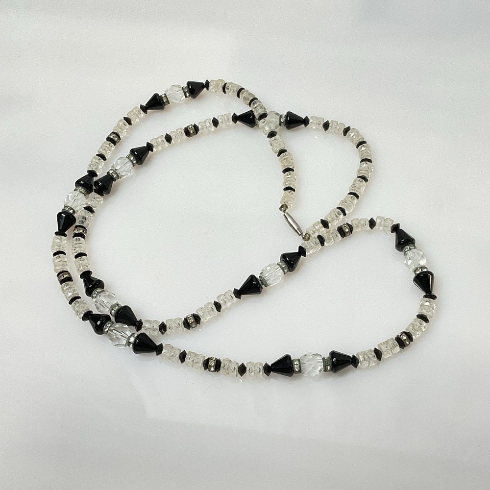 Vintage Art Deco Style Black Glass Lucite Bead Necklace 30" Crystal Spacer